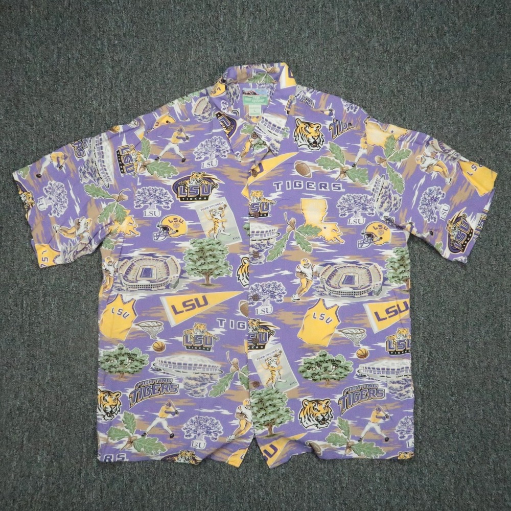 LSU Tigers Shirt Mens Large Gold Purple Hawaiian Reyn Spooner Camp Collar